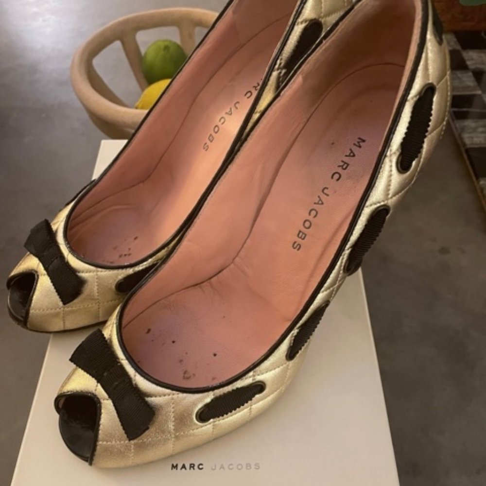 Marc Jacobs Quilted Gold and Black Peep Toe Heels